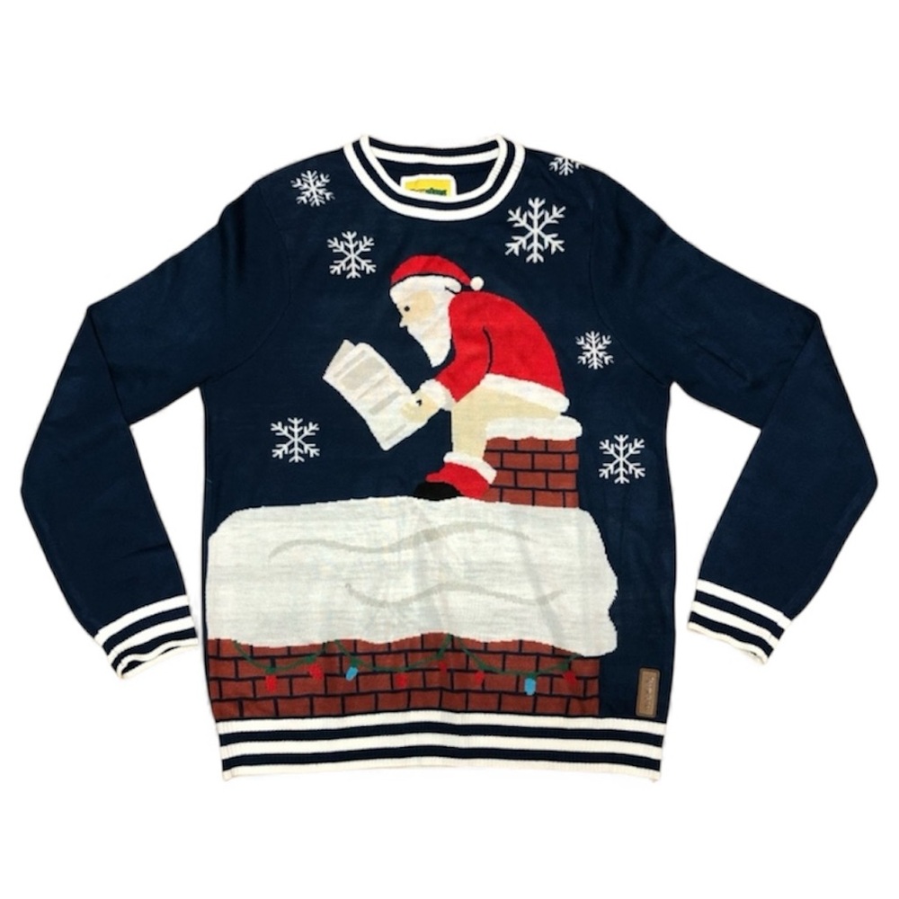 Tipsy Elves Ugly Sweater - Santa on the Roof Chimney - Blue Red White